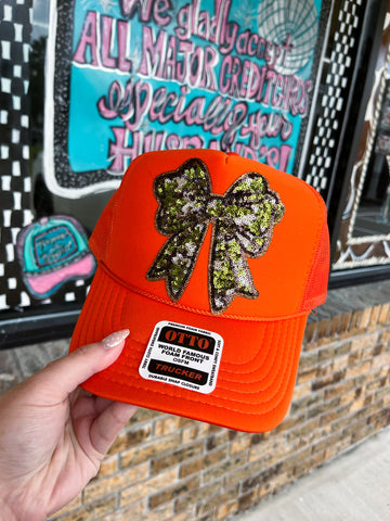 Camo Sequin Orange Trucker Hat