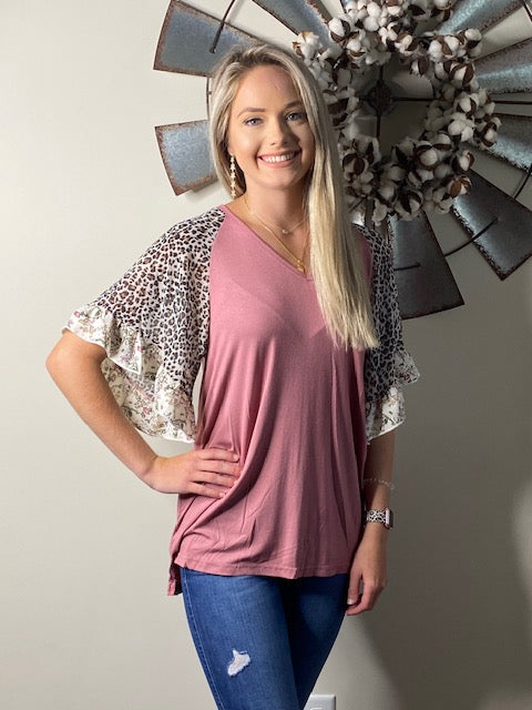 Mauve Leopard Floral Flutter Sleeve Top