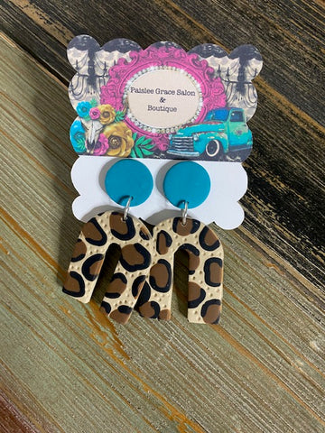 Teal Cheetah Arch Clay Earrings