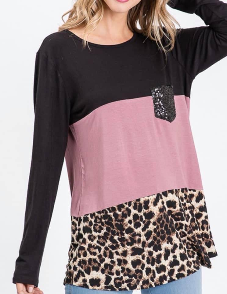 Mauve Leopard Sequin Pocket Top