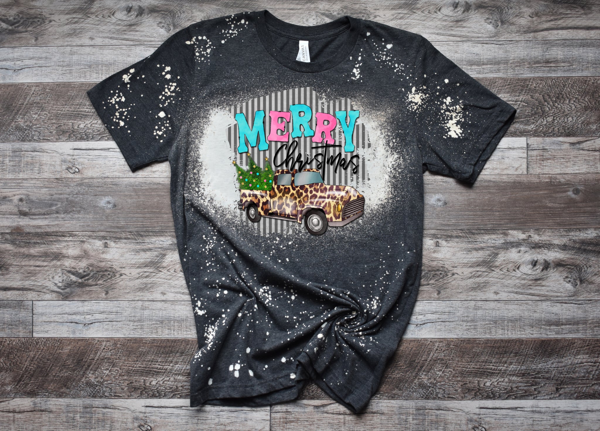 Merry Christmas Leopard Truck Bleached Tee