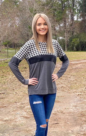 Gingham Sequin Long Sleeve Top