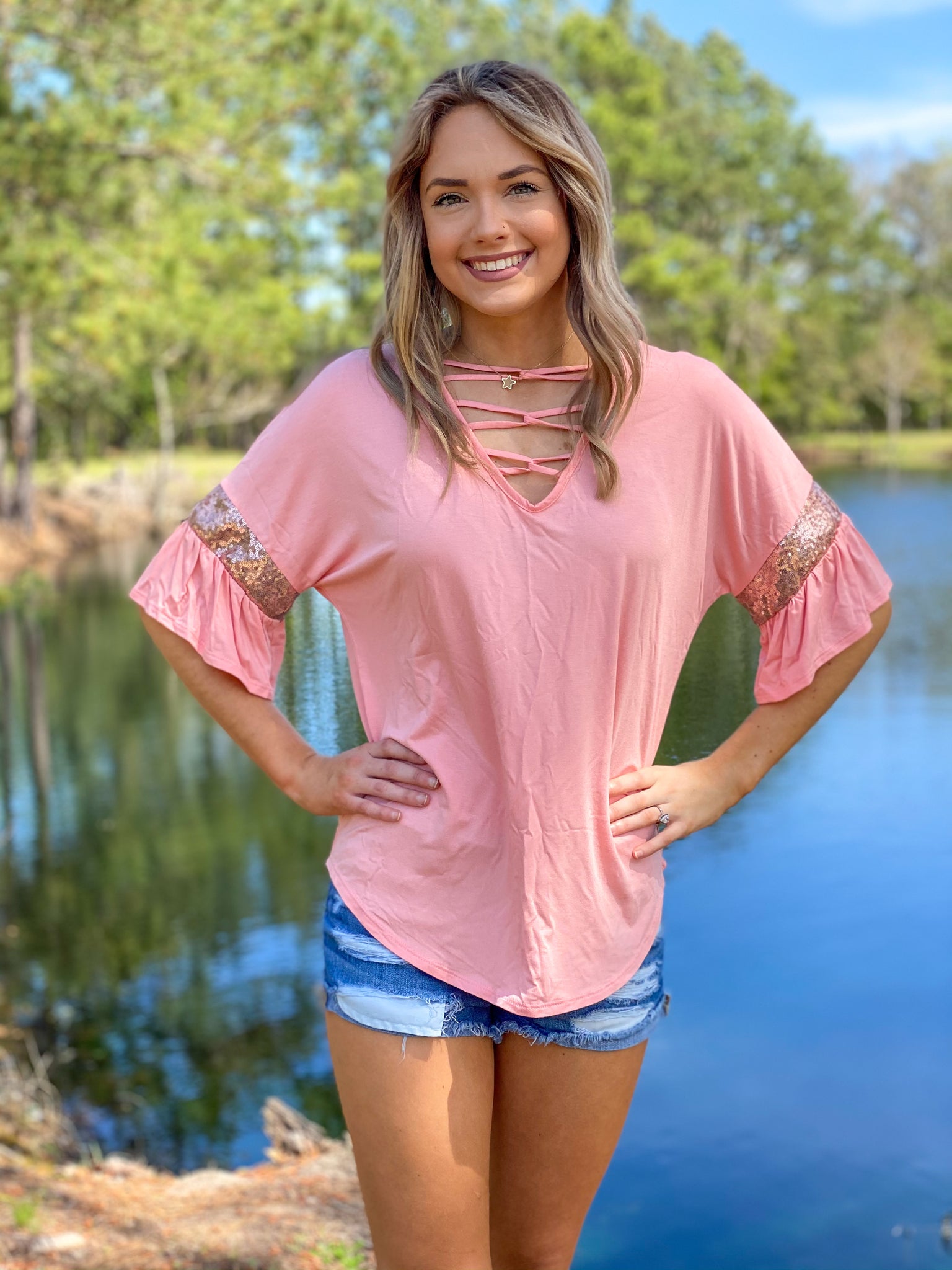 Blush Sequin Flutter Sleeve Top