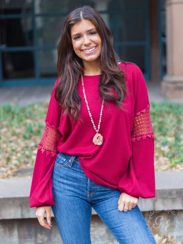 Red Crochet Sleeve Waffle Top