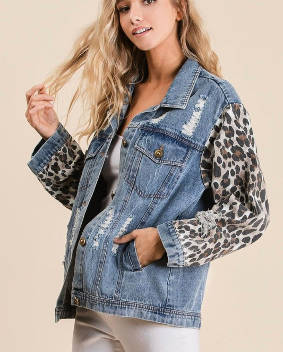 Leopard Distressed Denim Jacket