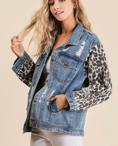 Leopard Distressed Denim Jacket